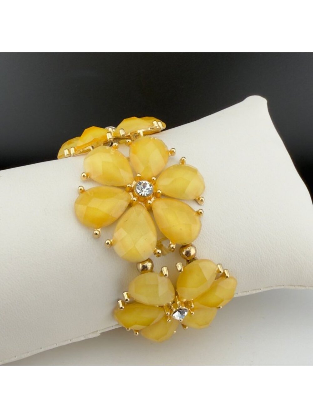 Butterscotch Yellow Flower Statement Bracelet Faceted Petal Rhinestone Stretch